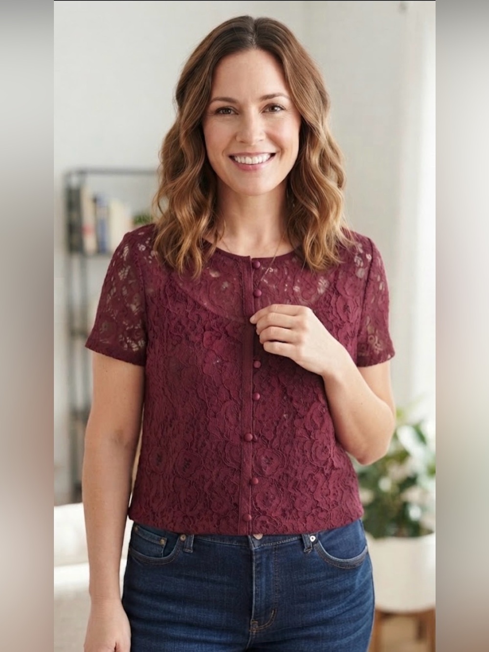Liz Claiborne Short-Sleeve Lace Button Front Top - Wine